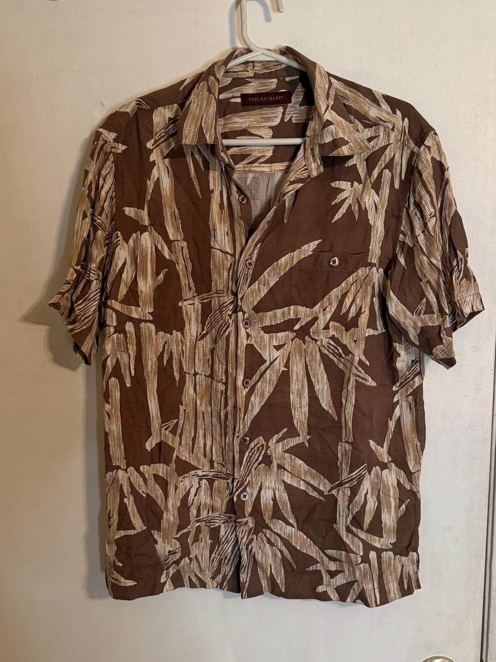 Tori Richard Men’s Brown Bamboo Print Silk Short Sleeve Shirt Size Medium